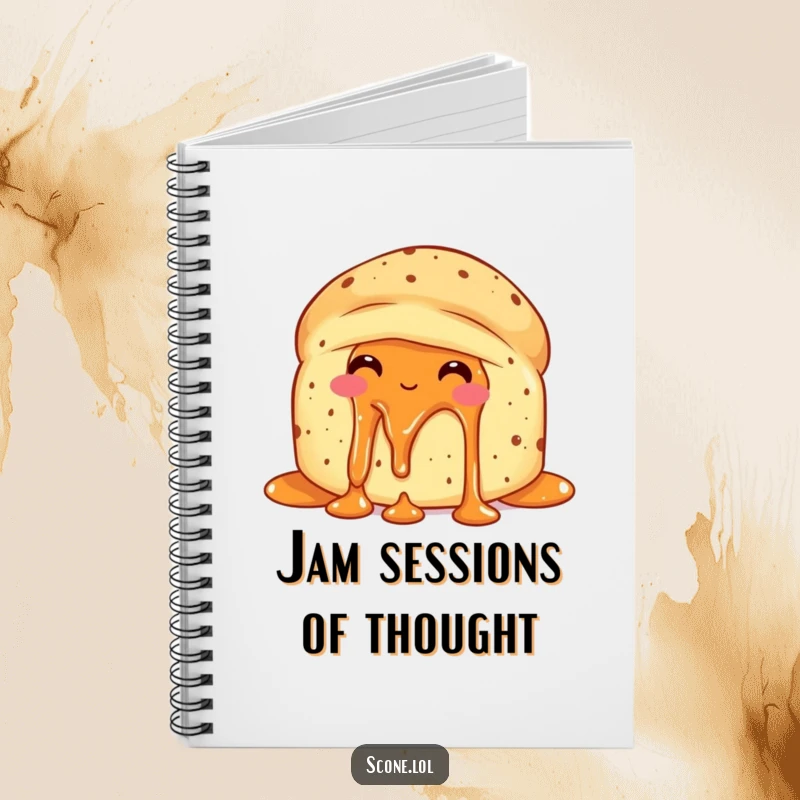 Funny scone with jam dripping, looking delighted with itself on a notebook cover, for writing and recipes.