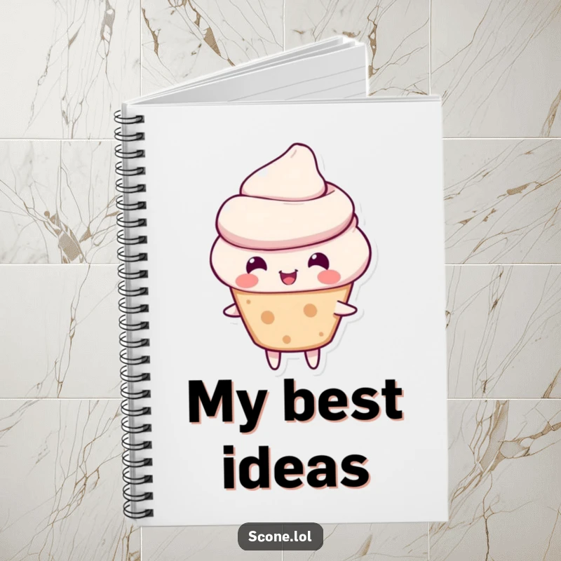 Funny scone notebook featuring a scone character in a happy bounce, ideal for jotting down cheerful thoughts.