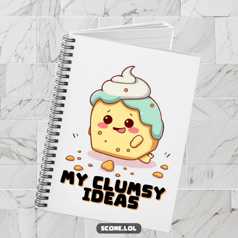 Funny notebook cover featuring a scone character comically tripping over a crumb, ideal for jotting down thoughts and plans.