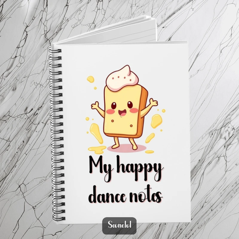 Funny Notebook depicting a happy scone character dancing with butter splatters, ideal for jotting down joyful thoughts and creative ideas.