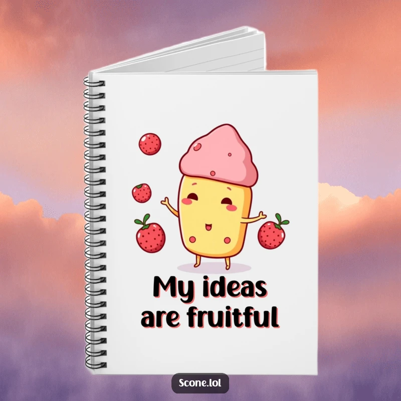 Funny Scone Character Notebook, playfully juggling three small berries, perfect for jotting down creative ideas.