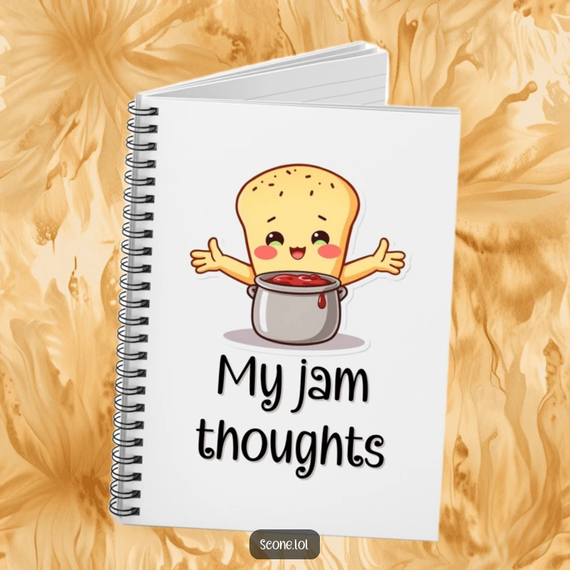 Funny Notebook depicting a scone character embracing a pot of jam with open arms, ideal for jotting down sweet thoughts and loving ideas.