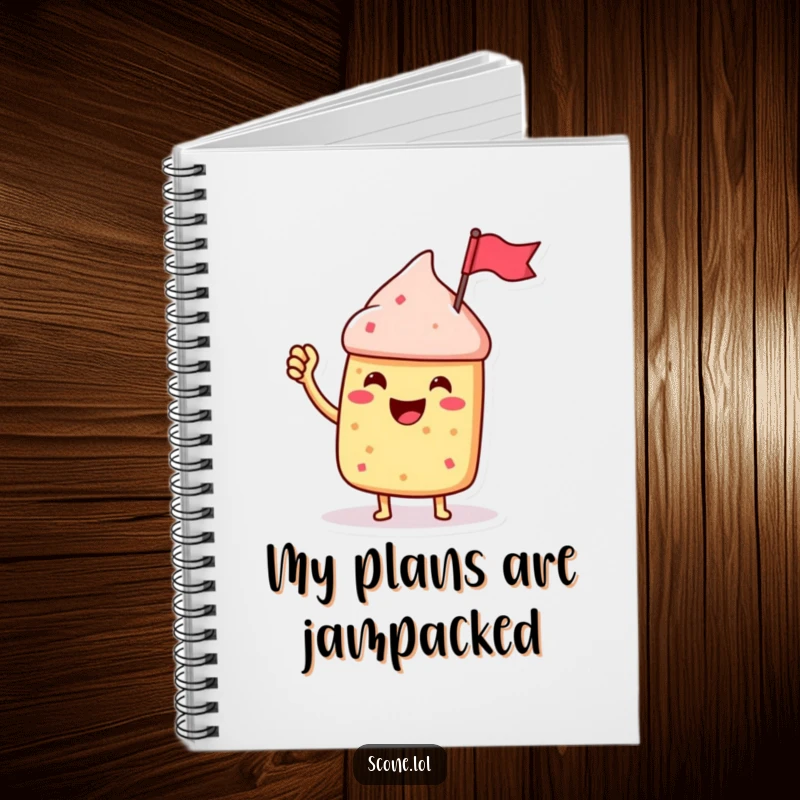 Funny Scone Character Notebook, waving a tiny jam jar flag, perfect for recording enthusiastic ideas and plans.