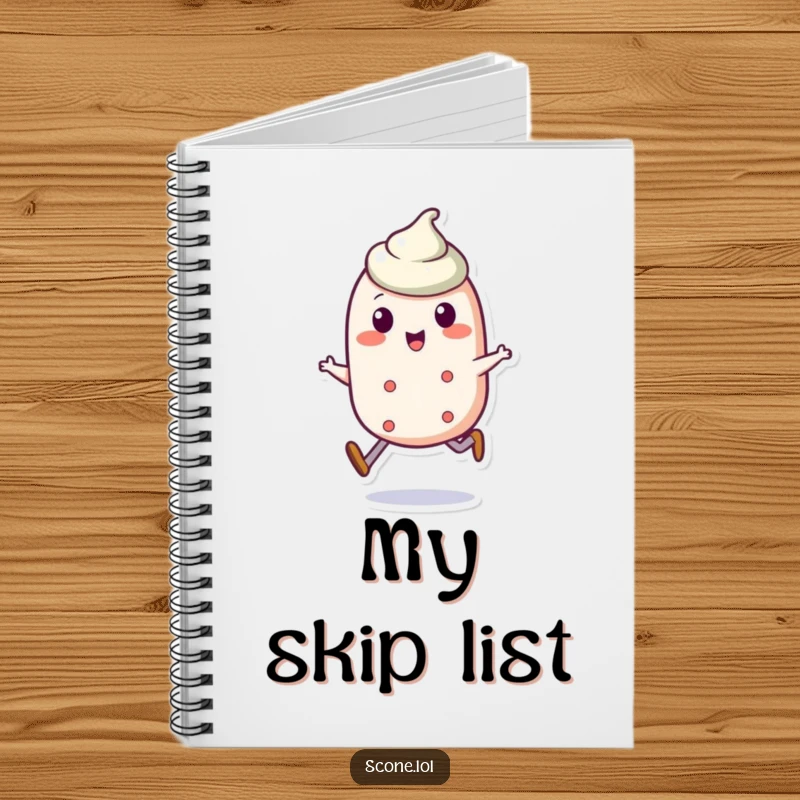 Funny scone character notebook with a scone doing a jaunty skip, perfect for jotting down funny thoughts and ideas.