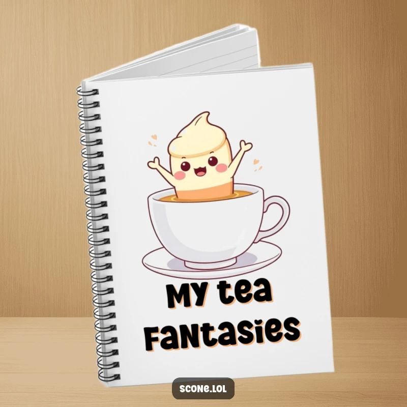 Funny scone character leaping into a steaming cup of tea, on the cover of a notebook.