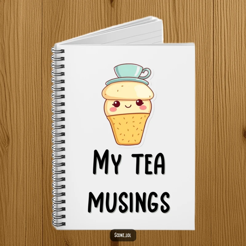 Funny scone character wearing a tiny teacup hat and smiling on a lined notebook, perfect for recording recipes and sweet thoughts.