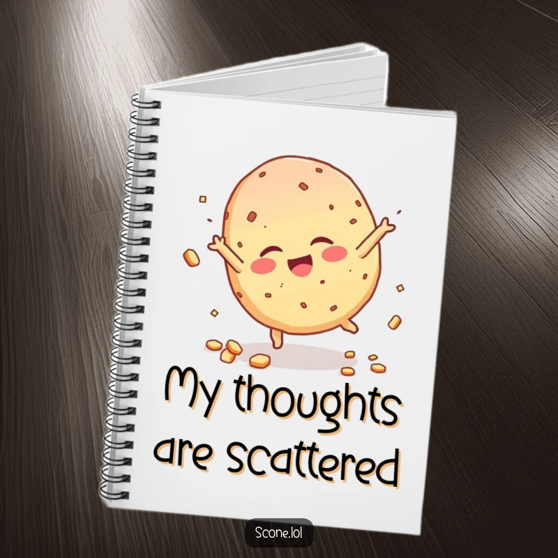 Funny Scone Character Notebook, giggling during a cartwheel, crumbs scattering, perfect for jotting down wild ideas.