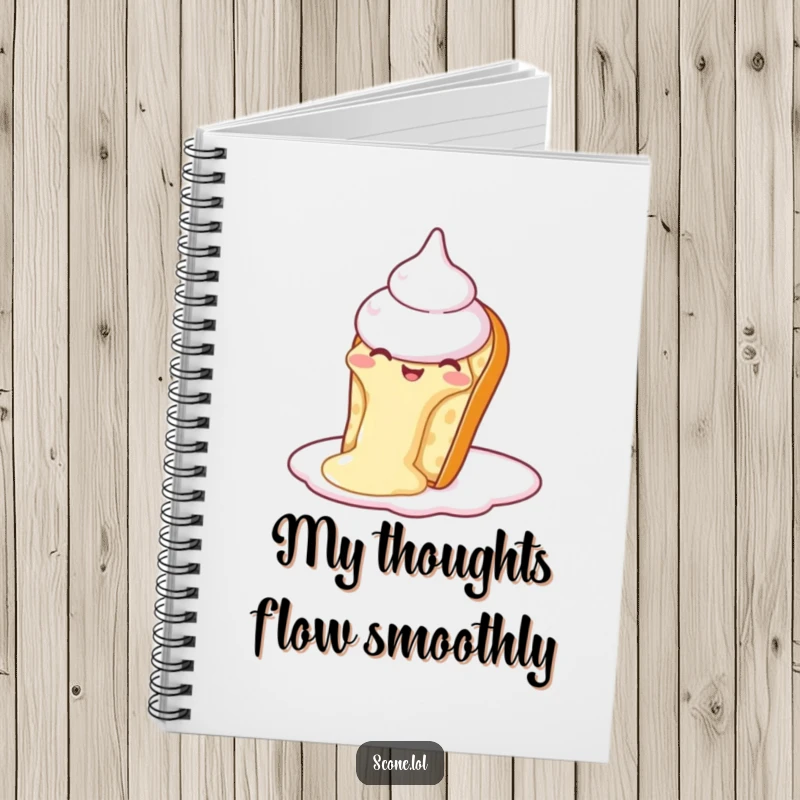 Funny Scone Cream Slide Notebook: A notebook cover featuring a scone sliding down cream, ready for jotting down notes.