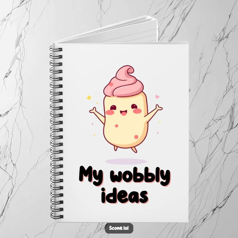 Funny scone character notebook with a scone doing a wobbly, happy dance, perfect for jotting down fun ideas and happy moments.