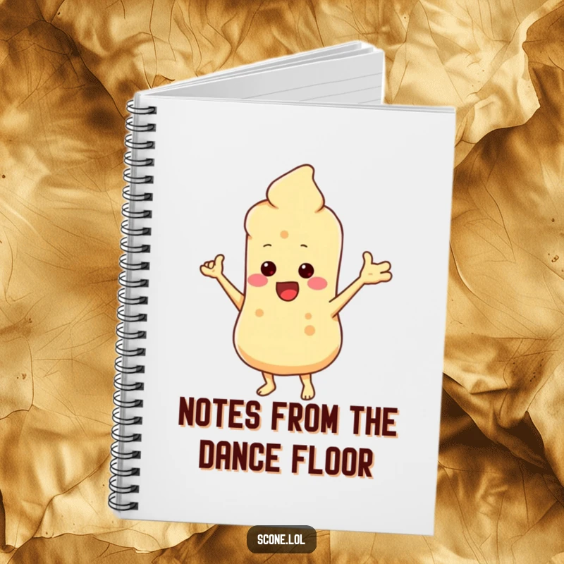 Funny notebook with a scone character doing a silly dance, inspiring creativity and humor for all your writing needs.