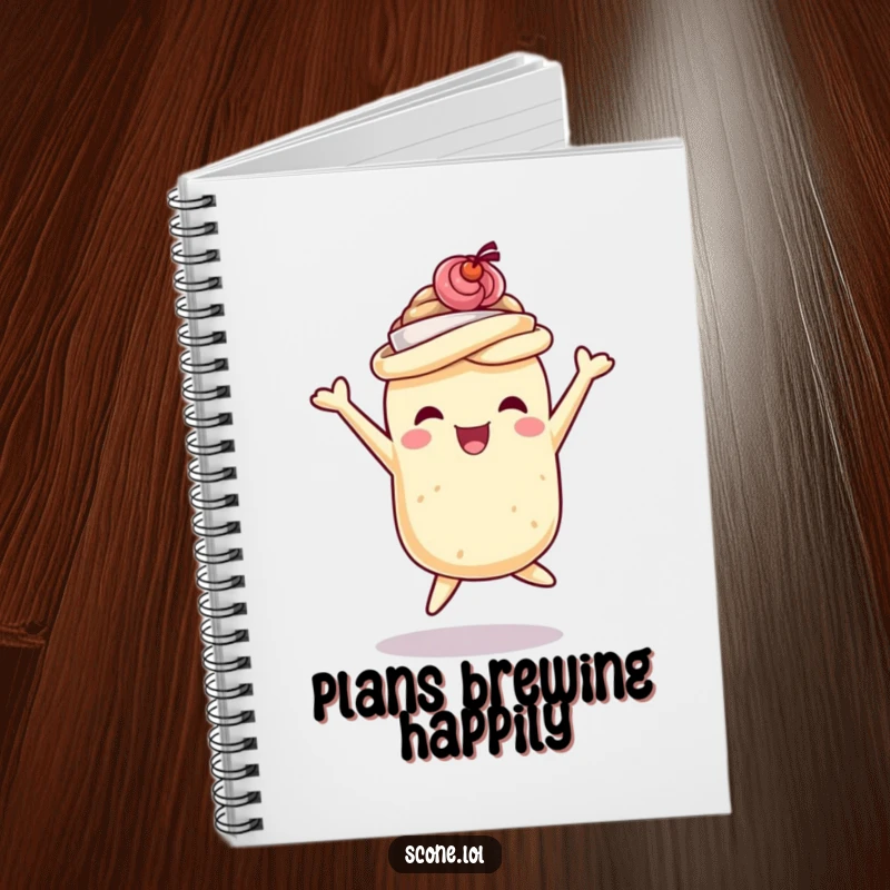 Funny scone notebook featuring a scone wearing a tiny teacup hat, jumping with delight, ideal for journaling and as a funny gift.