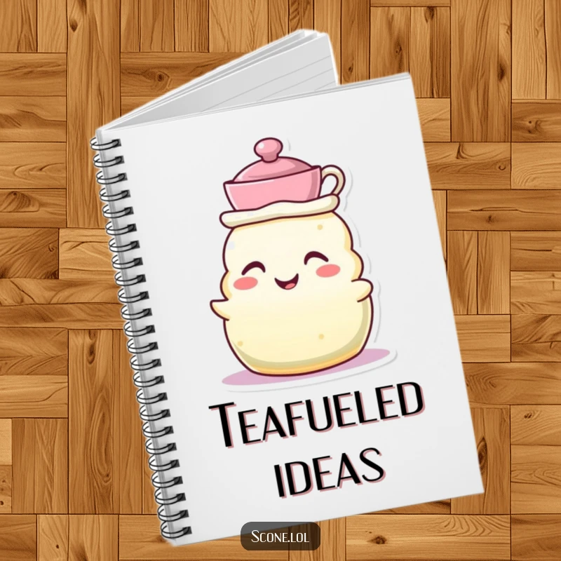 Funny notebook featuring a scone character wearing a tiny teacup as a hat, grinning, perfect for whimsical tea time thoughts.