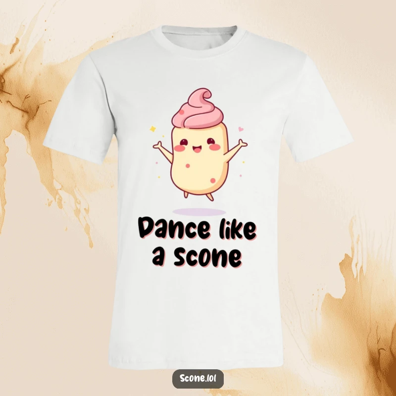 Funny scone character t-shirt featuring a scone enthusiastically doing a wobbly, happy dance, radiating pure silliness.