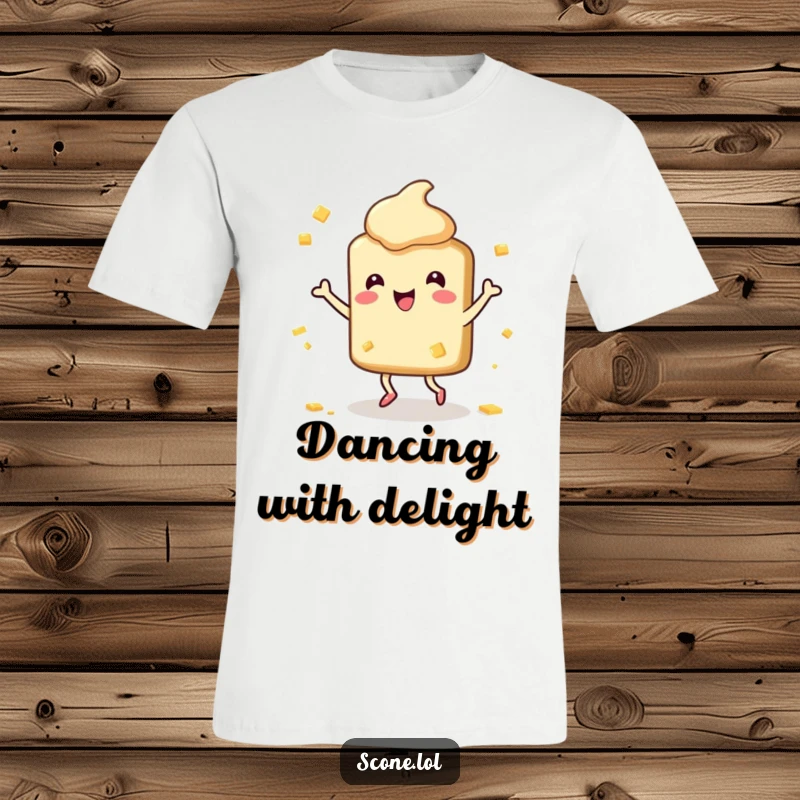 Funny Scone T-Shirt: A happy scone character dances with joy surrounded by butter splatters, full of hilarious energy.