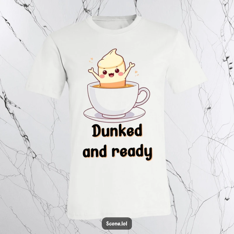 Funny scone character making a daring leap into a steaming cup of tea, featured on a funny t-shirt.