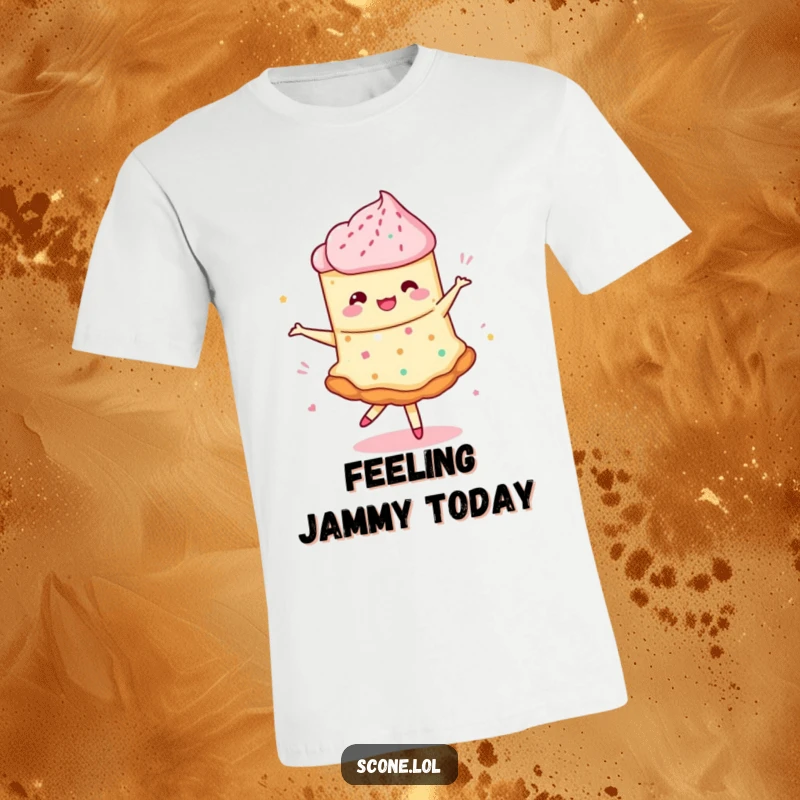 Funny t-shirt featuring a scone doing a whimsical pirouette with its jam swirling, a delightful and energetic design.