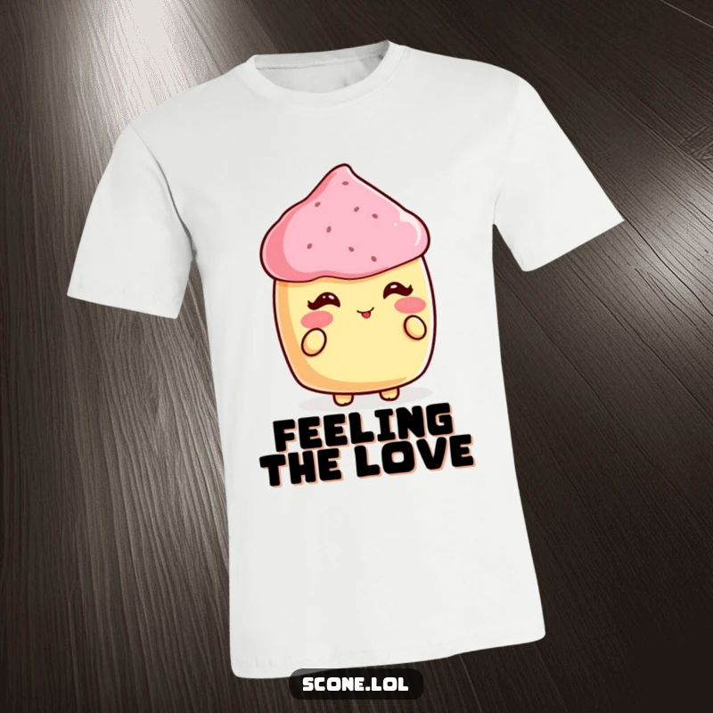 Funny T-shirt featuring a scone blushing adorably while receiving a compliment, celebrating sweet moments.