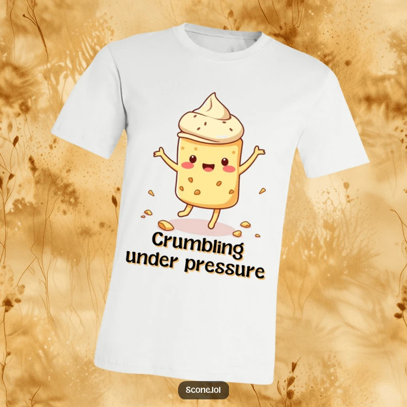 Funny scone t-shirt featuring a scone performing a silly dance with crumbs flying, capturing joyful, energetic humor.