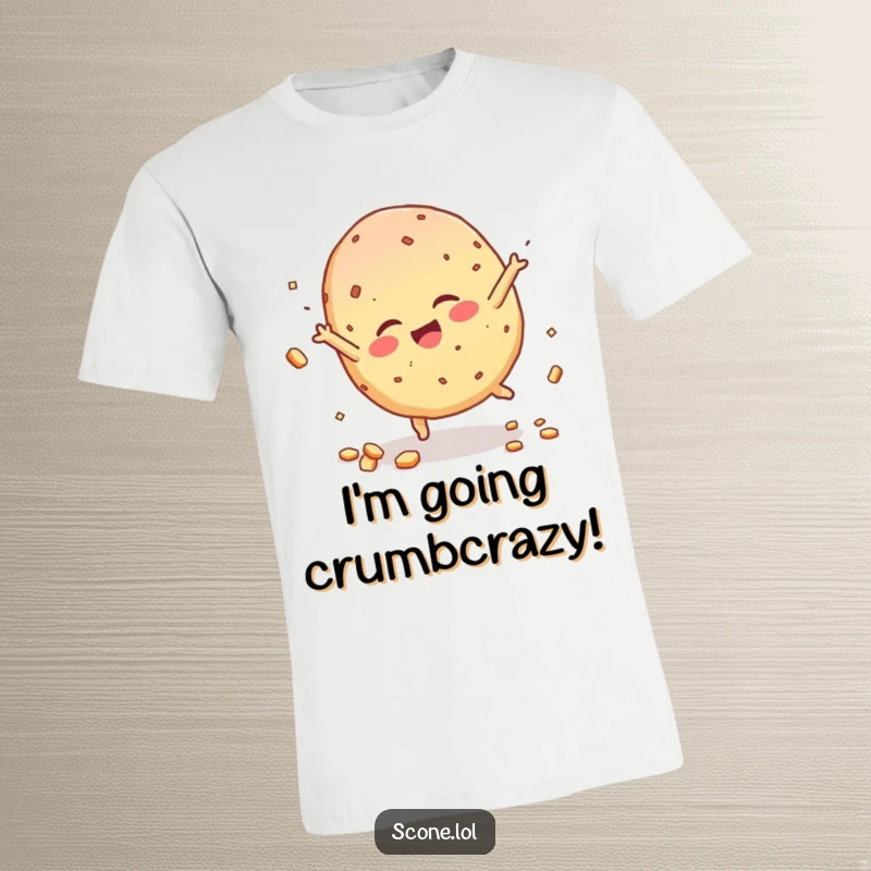 Funny Scone Character T-Shirt, giggling madly during a cartwheel, crumbs flying, embodying pure, unadulterated fun.