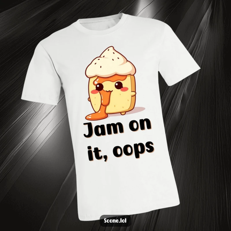 Funny Jam Face Scone T-Shirt: A scone character looking comically bewildered, with jam smeared all over its face.