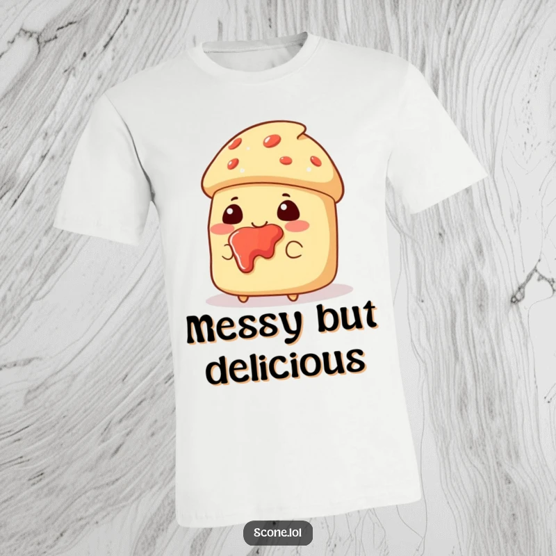 Funny t-shirt featuring a scone character with jam splattered on its face, looking pleased and embracing sweetness.