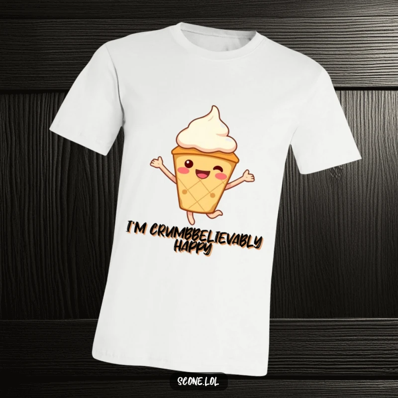 Funny Scone Character T-Shirt, wearing a cream hat, captured mid-jump, radiating pure, sweet happiness.