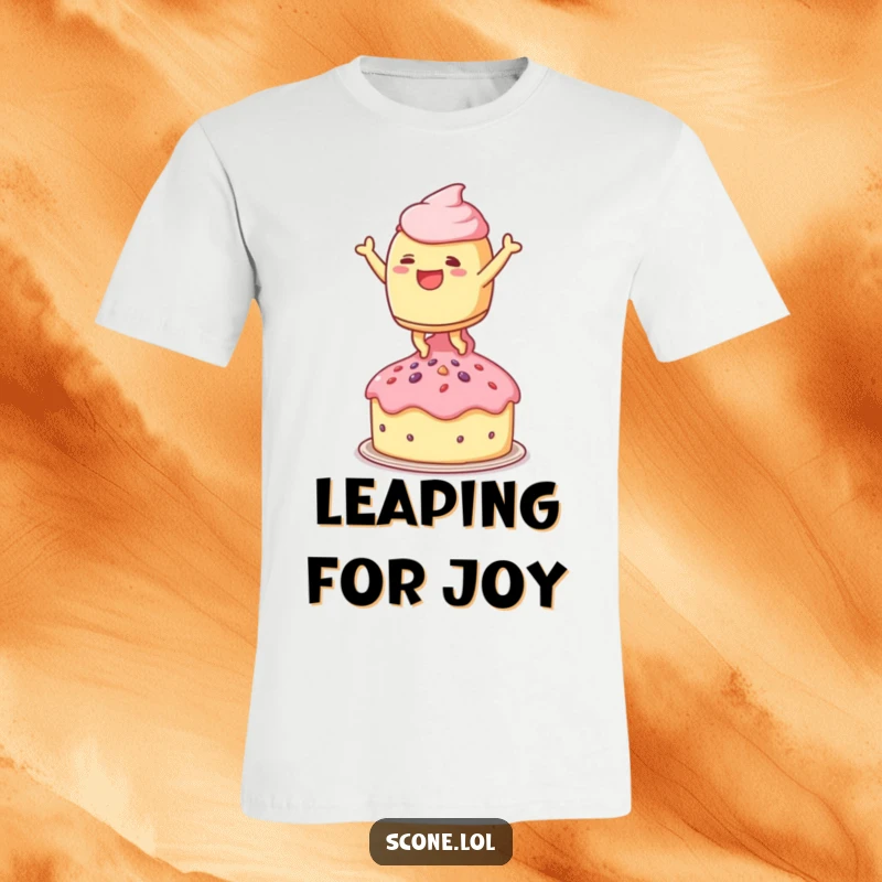 Funny t-shirt featuring a scone character leaping joyfully onto a doll-sized teacake, embodying sweet treat enthusiasm.