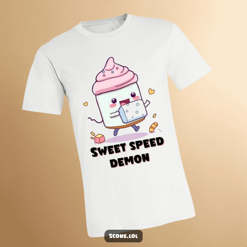 Funny t-shirt design of a scone character playfully racing a sugar cube, capturing a moment of sweet, lighthearted competition.