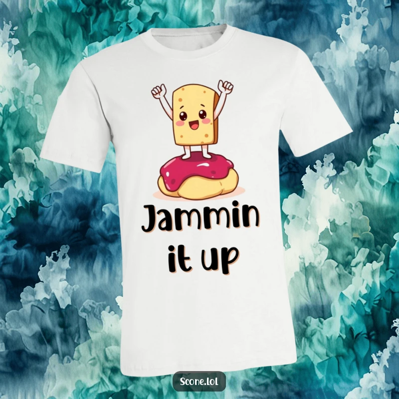 Funny T-Shirt: A scone character stands triumphantly on a blob of jam, celebrating a delicious victory.