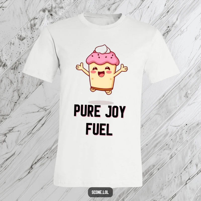 Funny scone character performing an ecstatic jump, holding a creamy dollop, printed on a fun t-shirt.