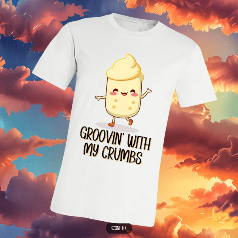 Funny Scone Dancer T-Shirt: A vibrant scone character performing an energetic and joyful little jig.