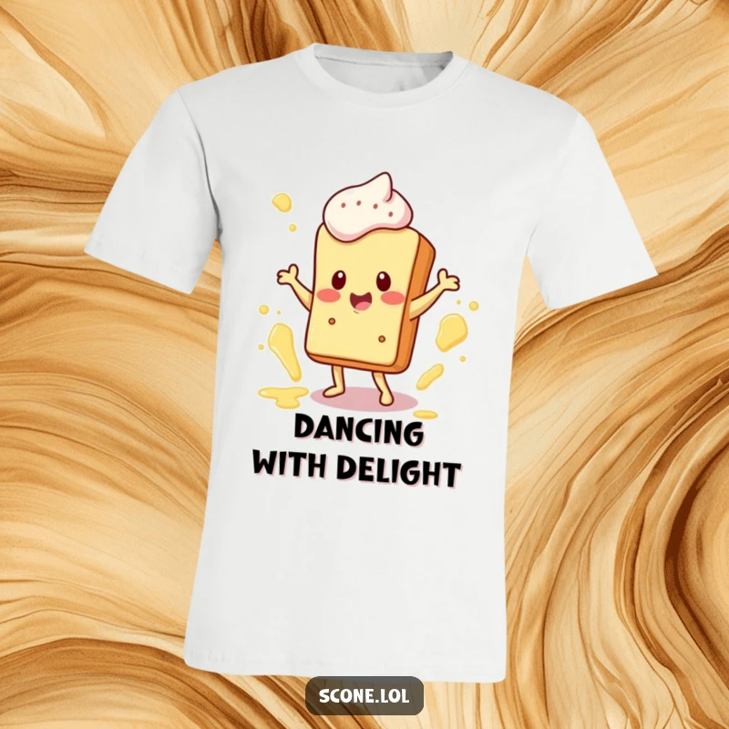 Funny T-Shirt: A scone character performs a happy dance with energetic butter splatters surrounding it, radiating pure joy.