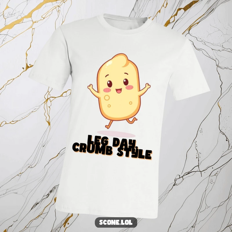 Funny scone with crumbly legs caught in a cheerful hop on a t-shirt, conveying pure delight.