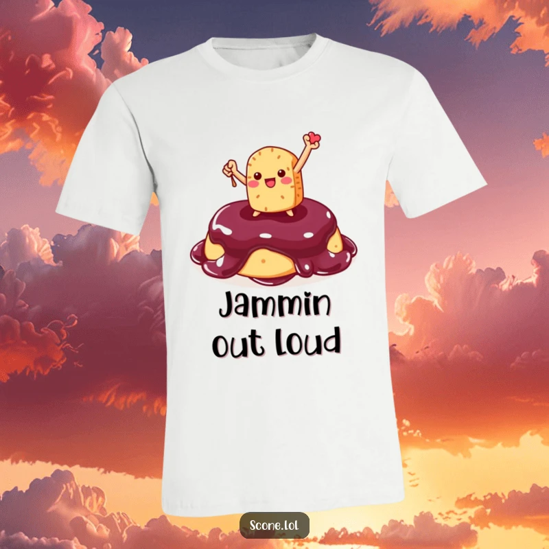 Funny Scone T-Shirt: A victorious scone character strikes a triumphant pose on jam, showcasing delicious, funny achievement.