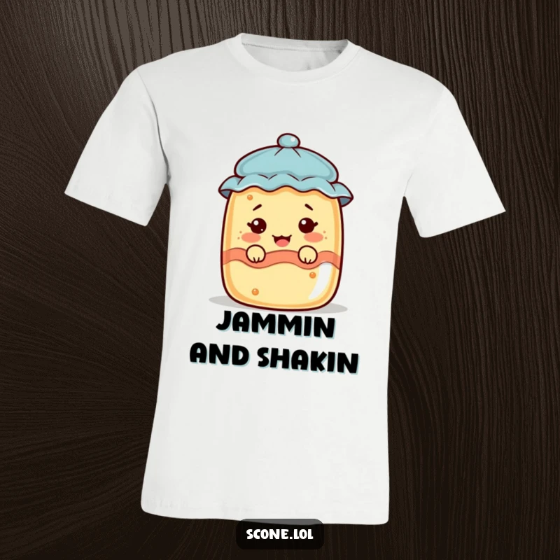 Funny scone character peeking from a jam jar, making a funny face, on a comfortable t-shirt.