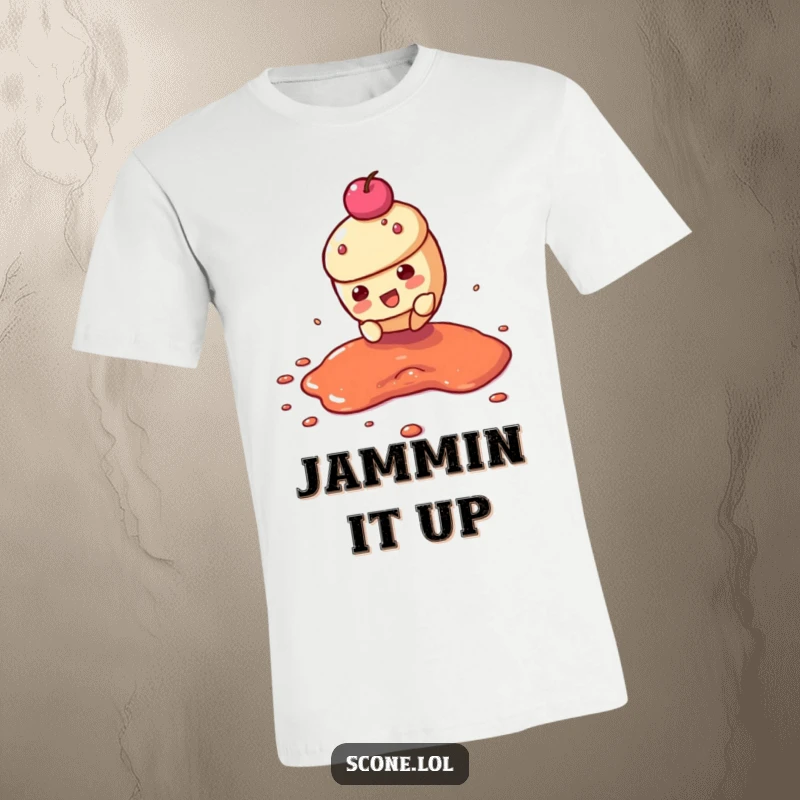 Funny t-shirt depicting a scone character in a dramatic slide across a jam puddle, embodying playful chaos.