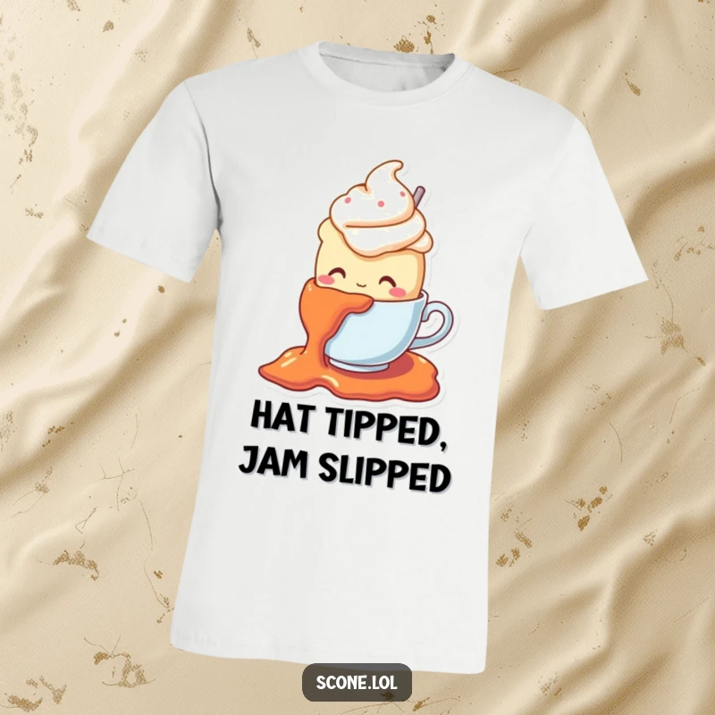Funny t-shirt featuring a scone character in a teacup hat comically slipping on a splash of jam, full of surprised expression.