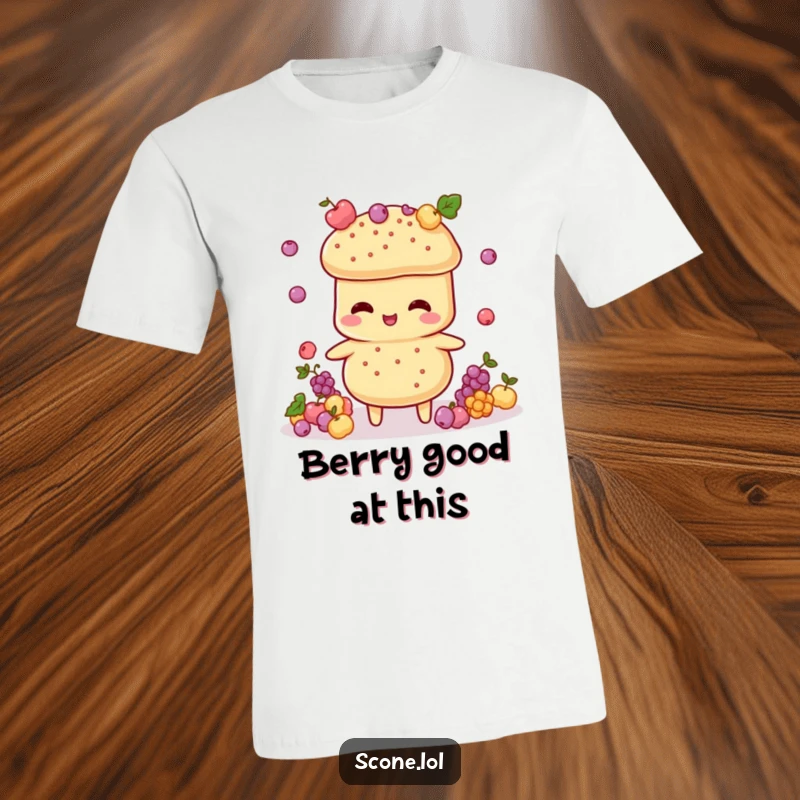 Funny Scone Juggler T-Shirt: A whimsical scone character in mid-air, skillfully juggling small currant decorations.