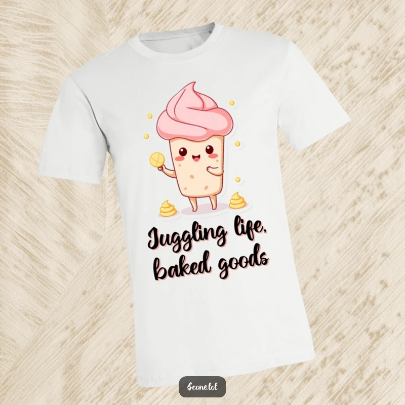 Funny t-shirt with a scone character in mid-air, skillfully juggling three small dollops of cream, radiating playful energy.