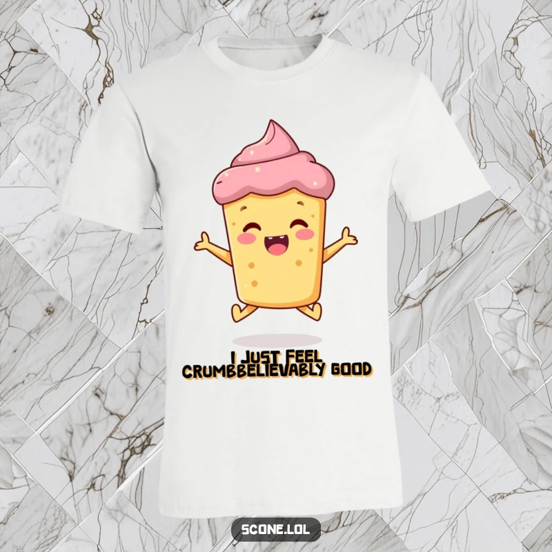 Funny scone t-shirt, a happy baked good character jumping with excitement, showcasing a playful and cheerful vibe.