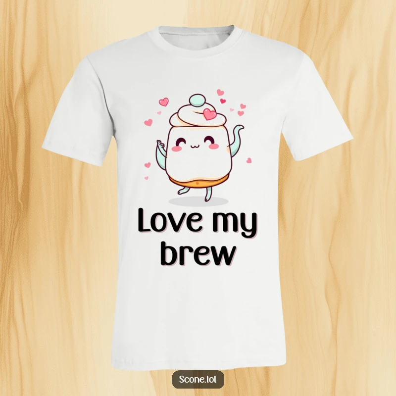 Funny scone t-shirt featuring a scone with heart eyes dancing playfully with a swirling teapot, ideal for casual wear.