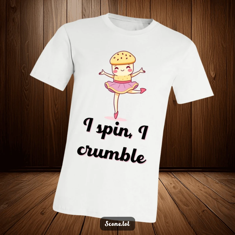 Funny scone performing a graceful, crumbly pirouette on a t-shirt, embodying elegance and humor.