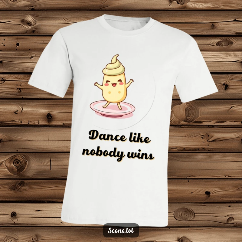 Funny scone character performing a goofy jig on a saucer, printed on a fun and energetic t-shirt.