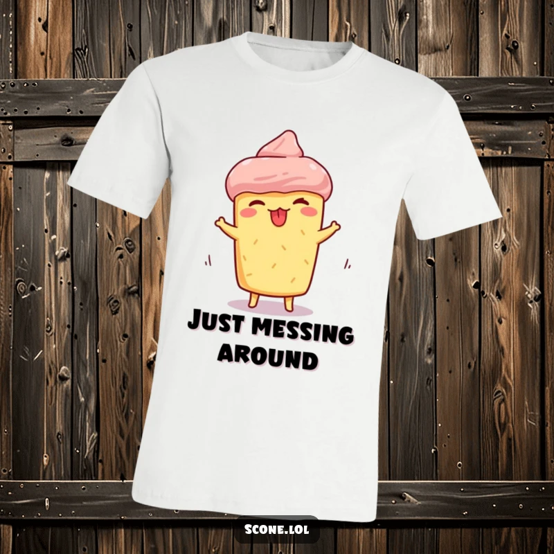 Funny scone t-shirt featuring a silly face and tongue sticking out while spinning, ideal for casual wear and expressing humor.