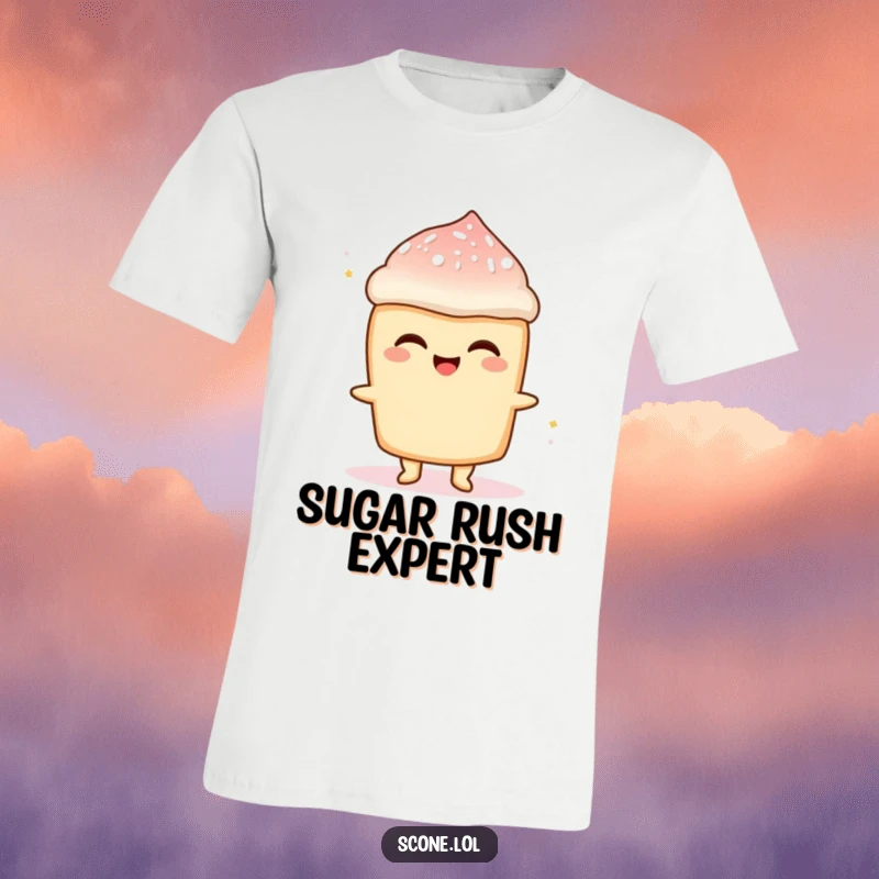 Funny Scone Sugar Rush T-Shirt: A delighted scone character caught in a moment of sugary bliss with sugar dusting.