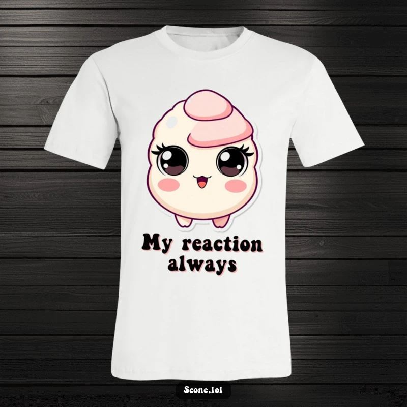 Funny t-shirt displaying a scone character with giant, circular eyes in a state of comical surprise. Relatable food humor.