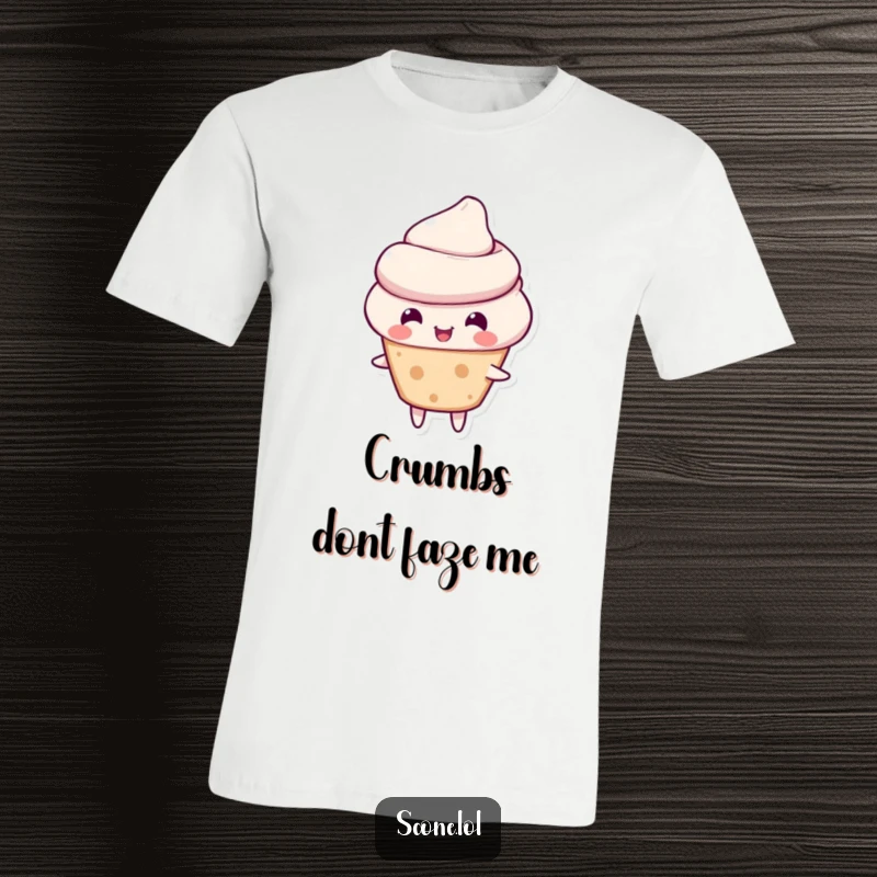 Funny scone t-shirt with a happy scone character mid-bounce, expressing pure delight and energy.