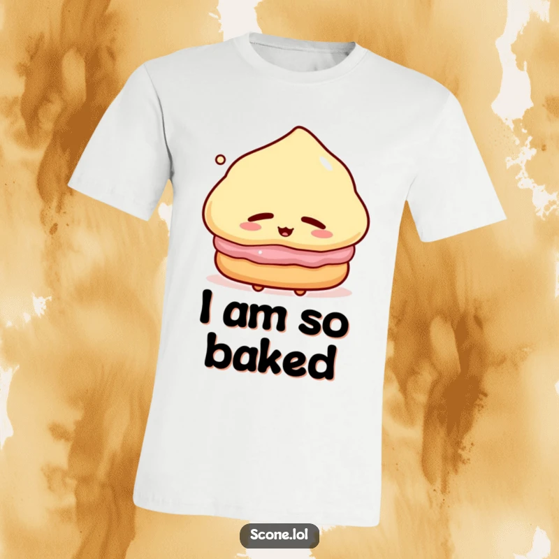 Funny T-Shirt with a scone character giving a satisfied sigh, closed eyes, representing pure baked happiness and comfort.