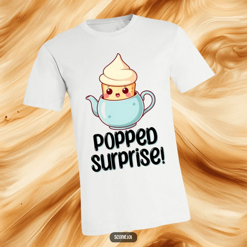 Funny scone teapot surprise t-shirt, a scone with a surprised expression emerging from a teapot, a humorous tea-themed design.