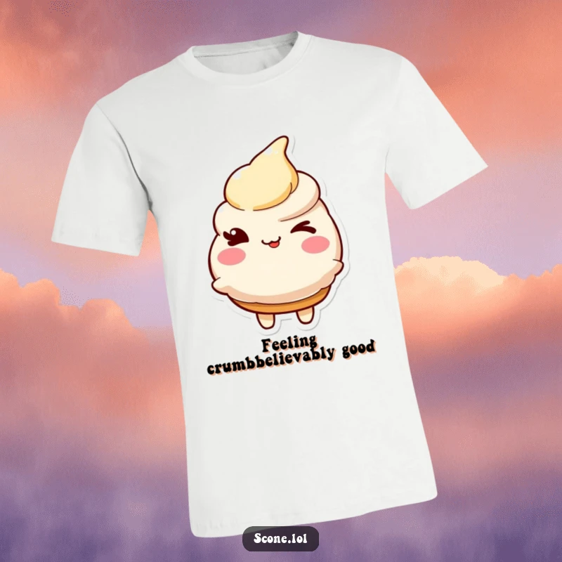 Funny t-shirt featuring a charming scone character giving a knowing, friendly wink; conveying playful confidence.